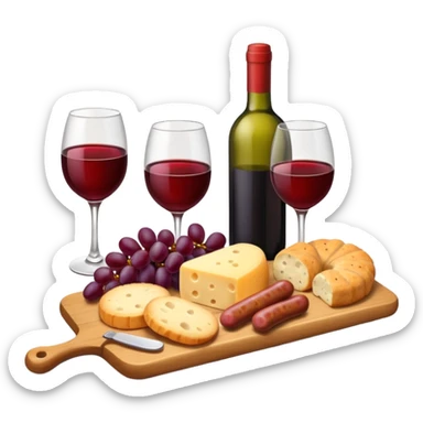 Cheese board with wine, red grapes, sausage and biscuit sticker