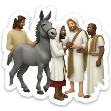 People greeting Jesus on a donkey with palm trees  sticker