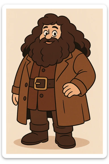 full body illustration of Hagrid in a cute, cartoon, simplified style with bold black lines and soft colors; very large with voluminous brown hair and beard; wearing a brown overcoat, wide belt, boots, and a friendly expression sticker