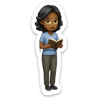 a gril reading a book, standing against the shelve. sticker