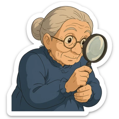 grandmother with glasses peering through a magnifying glass in ghibli style sticker