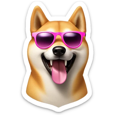 shiba inu wearing pink sunglasses, smiling with mouth open sticker