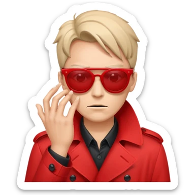 an evil fraudster in red sunglasses and a red trench coat who's hiding his face sticker