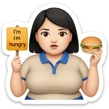 Una señora gorda con cabello negro y p olo corto con un letrero de tengo hambre sticker