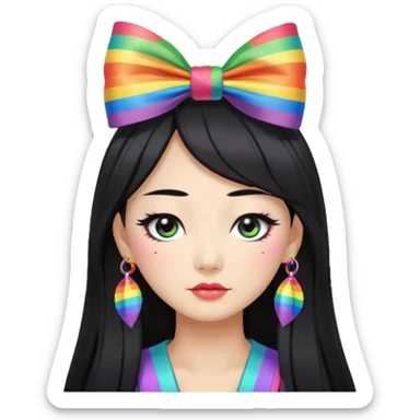 asian emoji face with long black hair with very thick black eyeliner and rainbow bow on head and tacky sticker