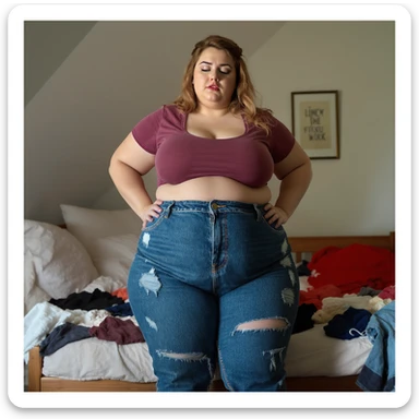 realistic plus-size woman with swollen thighs, struggling with jeans, seams popping like balloons, bedroom messy with failed outfits, vertical photo sticker