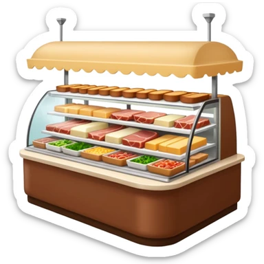 A 3D cartoon deli counter filled with meats, cheeses, and salads, bright lighting, Memoji-style realism. sticker