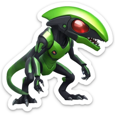 a shiny black-green Genesect-Raptor-Fakémon—hybrid with a futuristic visor-helmet full body sticker