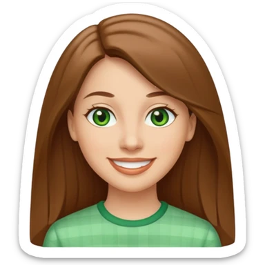 Adult woman avatar, light skin tone, oval face, straight long brown hair, green eyes, neutral mouth, seersucker sticker