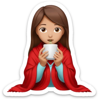 cute and sexy asian slightly tanned girl, brown hair, feeling sick, nose is red due to sickness, covered by blanket, holding tea mug in hands sticker