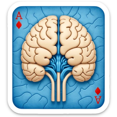 A highly minimalist, clean icon. The icon is a single playing card or tarot card, shown from the back side (face down). The card is oriented vertically (portrait). integrate a stylized, symmetrical human brain. Blue color sticker