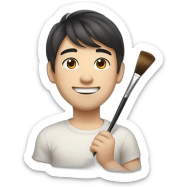 A slightly plump, round-faced, slightly droopy-eyed, cute, dark-haired Japanese brother who is smiling while holding a colored brush and graphite pencil sticker