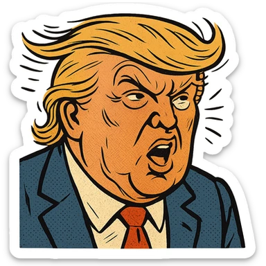 Donald Trump caricature style, exaggerated features, suit, red tie sticker