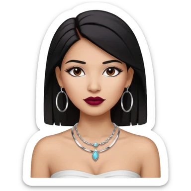 latina makeup olsun, saçları düz, halka küpeler taksın. takıların hepsi gümüş rengi olsun halka küpeler ve kolye dahil. makyajı ağır olsun ve beyaz bir Bandeau top kıyafet giyisin dudakları bordo olsun sticker