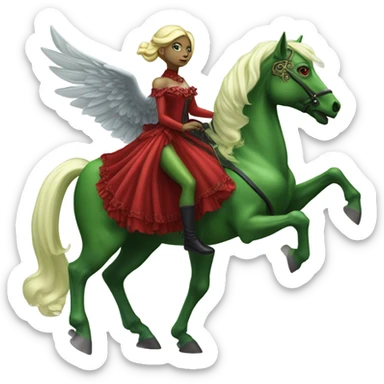 "galora green blonde alien woman" in red Victorian elegant dress, full body, rides winged horse
NO WOKE
 sticker