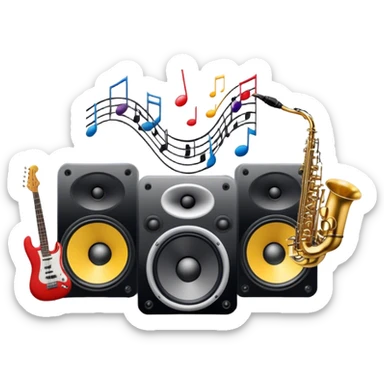 Icon for R&B Music Listening: large concert speakers and headphones with waves of musical notes coming out, along with drums, bass guitar and saxophone. The icon should convey the energetic and rhythmic vibe of R&B music. Transparent background sticker