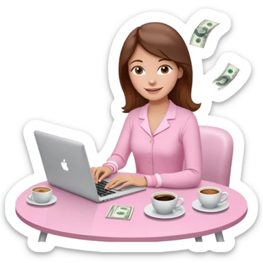  woman character with laptop and coffee relax table, dollars are floating, colorful pastel pink outfit, white laptop, brownn hair, fair skin,  sticker