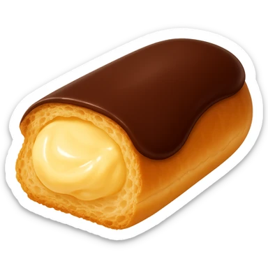 Remove the background from the image, keep the sliced dairy-filled eclair with glossy chocolate glaze unchanged, maintain the original style and details. sticker