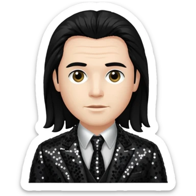 Charles Lee Ray with long black hair, dark suit sequin suit  sticker