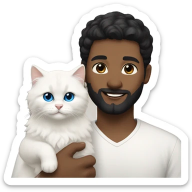 A guy with a black earing and black short hair and black beard and holding a all white Siberian cat with blue eyes  sticker