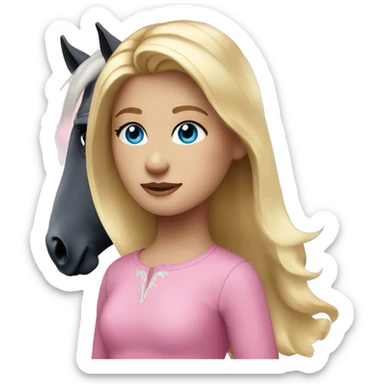 blonde girl with blue eyes wearing pink and her black horse sticker