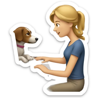 Woman typing on computer with dog sticker