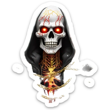 White skeleton zombie person covered in golden chains and black graffiti scribbles and red and silver doodles wings made of neon lightning snowing snowflakes sticker