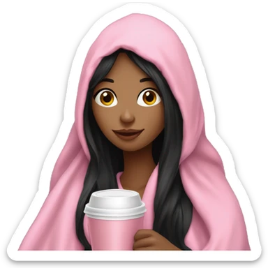 very long black hair pretty girl in a pink blanket sipping coffee sticker