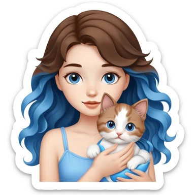 A beautiful girl with big brown waves was holding a blue and white kitten sticker