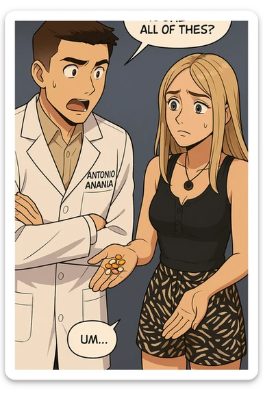 fai un webtoon/manga a colori con questo kinesiologo in camice bianco (fagli la scritta "ANTONIO ANANIA" SUL CAMICE) CHE PARLA CON QUESTA RAGAZZA. LA RAGAZZA HA UN PUGNO DI INTEGRATORI IN MANO (TANTE PILLOLE DIVERSE) E LE GUARDA DUBBIOSA. IL KINESIOLOGO CON IL CAMICE BIANCO LE DOMANDA UNA COSA SCIOCCATO. NON FARE I FUMETTI, FAI SOLO LORO COME SE DIALOGASSERO sticker