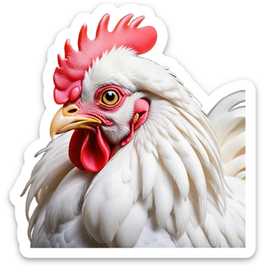 Cinematic Noble White Rooster Portrait Emoji, Poised and regal, with a robust, commanding build and a pristine, well-groomed pure white plumage, deep-set soulful piercing eyes, Simplified yet sharp and sophisticated features, highly detailed, glowing with a soft, dignified glow, high shine, intelligent and proud, stylized with an air of barnyard majesty, focused and attentive, soft glowing outline, capturing the essence of a watchful and confident leader, so majestic it feels as though it could crow out of the screen with effortless authority! sticker