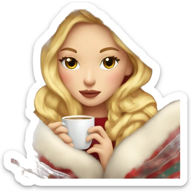 blonde girl inside a Christmas blanket sipping coffee eyes closed with soft makeup sticker
