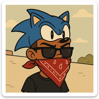 slick warm brown skinned boy with raised eyebrows, Sonic hat, sunglasses, and a bandana over his mouth, cartoon style sticker