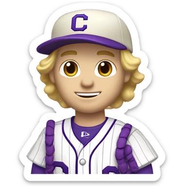 baseball card character. white male. blonde hair letter C logo. Purple and white uniform.  sticker