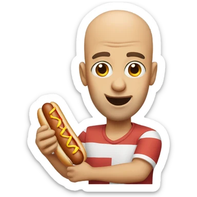 Bald guy with big eyes eating a hot dog sticker