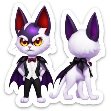Cute-Evil-Vampiric-Batty-Cat-Black-Purple-Red-Yellow-Contrast-Colors-Fantasy-Fur-Sona-Chibi-Shiny-Fakémon-Hybrid with horns and big fangs neck bow white tie leg spats full body sticker