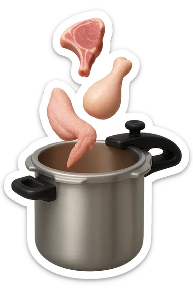 emoji stile iphone in 3d di una pentola a pressione dentro cui cadono agnello, pollo e tacchino crudi da cuocere, iperrealistico 4k sticker