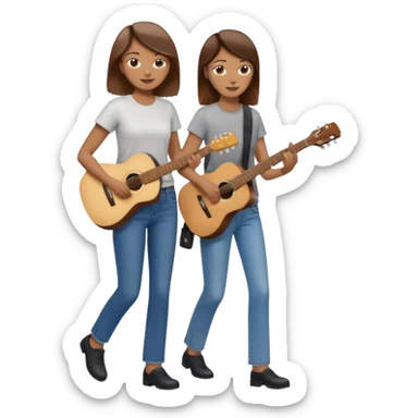 based on emoji style, like this "💁🏻‍♀️" "💁🏽‍♂️" "💁🏻", two people walking together, one is brown-haired woman, wearing business casual, holding a guitar; another one is a non-binary person, wearing t shirt and jeans. they are walking together. sticker