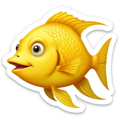 ultra derpy bright yellow fish in perfect side profile facing right, comically wide shocked eye, huge open mouth looking completely clueless, flat 2D side view only sticker