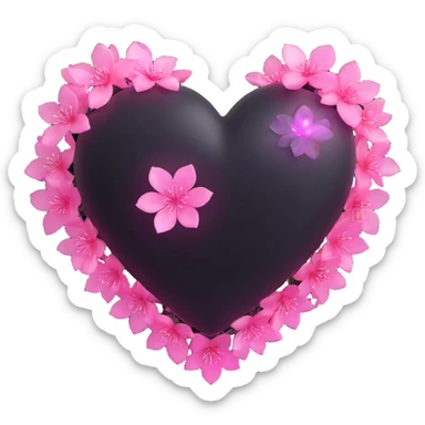 goth sakura heart, black heart with glowing pink sakura petals, magical aura sticker