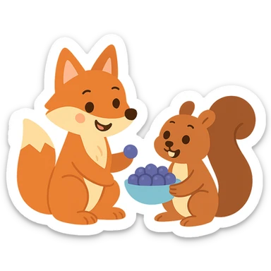 a fox and squirrel sharing berries, forest friendship scene sticker