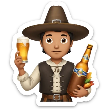 Mexican man dressesd as a Thanksgiving Pilgrim  holding a Turkey drumstick and a Corona beer sticker