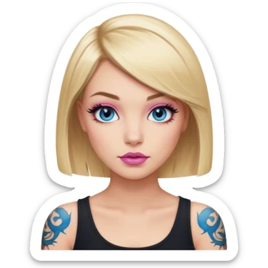 Woman, Blonde hair Medium blunt bob, blue eyes, smokey eyes with doe lashes, pink lips, tattoo on arms, wearing black sticker