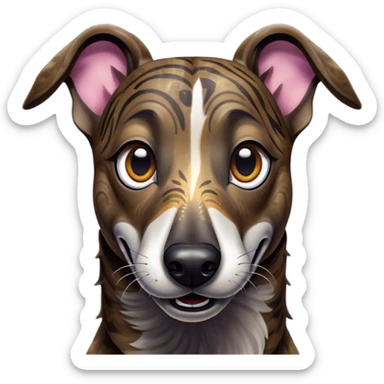 Cinematic Comical Brindle Greyhound Portrait Emoji, Head tilted dramatically with an exaggeratedly amused expression, featuring a striking brindle Fur with bold patterns, wide, expressive eyes filled with playful disbelief, Simplified yet hilariously expressive features, highly detailed, glowing with a slightly sassy glow, high shine, dramatic yet playful, stylized with an air of cheeky mischief, bright and endearing, soft glowing outline, capturing the essence of a spirited and over-the-top racer, so meme-worthy it feels like it could side-eye its way into internet fame instantly! sticker
