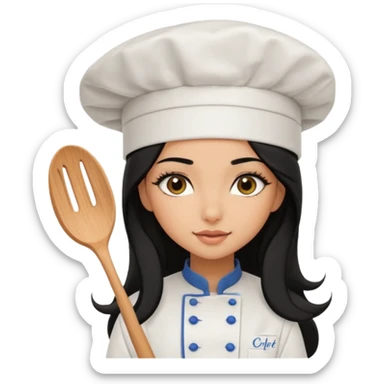 Create a cute girl, black hair, Middle Eastern with lashes  chef🧑‍🍳 emoji, barbie vibes tan skin black long hair with long lashes BADDIE VIBES long black hair and tanned skin  sticker