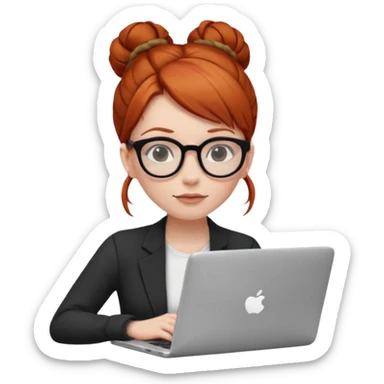 hair in a bun redhead female with glasses focused on a laptop sticker