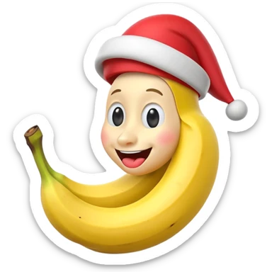 A 3D cartoon banana with a red nose and tiny hat, smiling face, playful pose, Memoji-style. sticker
