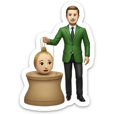 Hyper realistic Zelensky pulls the strings of a wooden doll sticker