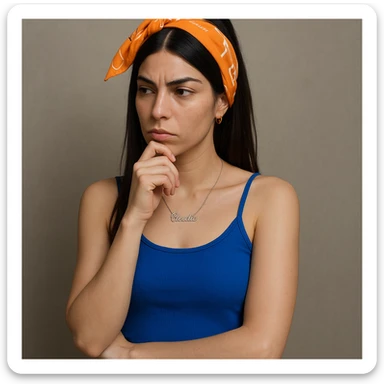 Donna pensierosa a figura quasi intera, con mano sotto al mento, espressione riflessiva, dettagli iperrealistici 4K, sfondo neutro, ispirata al riferimento. sticker