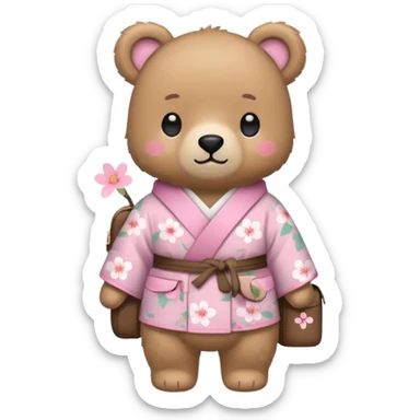 A cute light-brown bear wearing a pastel pink sakura-patterned kimono, normal balanced body ratio.  
Wearing a small backpack on the back, one paw holding the strap, ready to go outside.  
Kawaii emoji style, minimalistic clean sticker illustration, white background. sticker